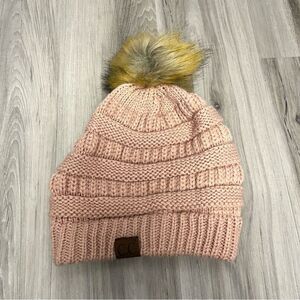 C.C Light Salmon Pink Knit Winter Beanie Hat with Faux Fur Pom